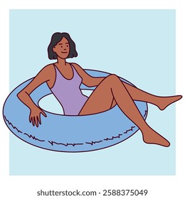 A woman with dark skin and curly hair lounges on a purple inflatable ring in a swimming pool. She wears a pink swimsuit and enjoys the warm weather, soaking in the summer vibes. 