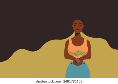 Woman with dark skin hold sprout and soil in her hands.