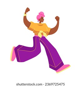 Woman with dark skin and pink hair. You go girl. Girl power. Strong woman jumps. Feminism concept of gender equality and empowerment. Cartoon flat vector illustration isolated on white background.