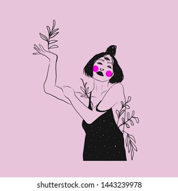 Woman with dark sky with stars in eyes and hair. Botanical icon. Graphic minimal leaves. Conceptual design on alchemy, fantasy, mystic. Boho esoteric illustration.