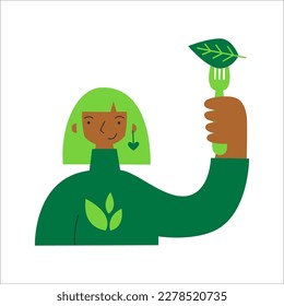 Woman with darker skin with fork and leaf Plant-based flexitarian diet. Sustainable cruelty-free climate-friendly, meatless dairy-free food. Animal protein replacement.