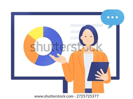 Woman data analyst presenting pie chart market share and KPIs on a tablet, vector illustration