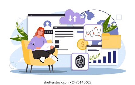 Woman with data driven. Young girl with laptop near graphs, folders, fingerprint. Electronic storage and archive, cloud service. Cartoon flat vector illustration isolated on white background