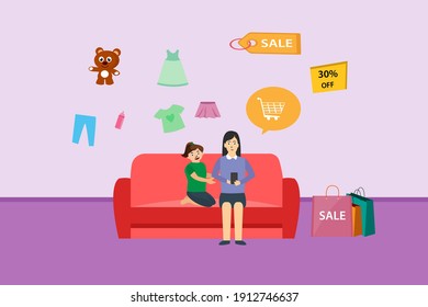 Woman and daughter cartoon character online shopping with a mobile phone during online sale offer.
