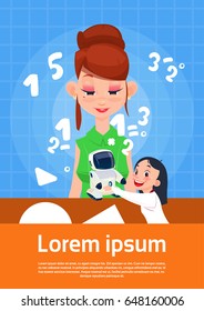 Woman With Daughter Play with Robot Virtual Assistance Artificial Intelligence Concept Flat Vector Illustration
