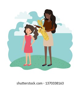 woman with daughter and saxophone avatar character
