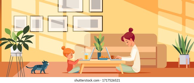 Woman with daughter working at home with laptop computer in sunny cozy interior home office. Child online education in quarantine coronavirus pandemic. Cartoon style Vector Illustration.