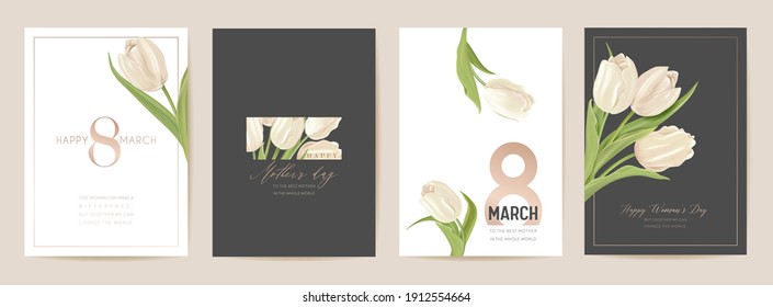 Woman day 8 March holiday card. Spring floral vector illustration. Greeting realistic tulip flowers template, luxury flower background, international women day concept flyer, modern party design - Shutterstock ID 1912554664
