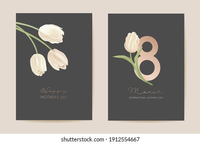 Woman day 8 March holiday card. Spring floral vector illustration. Greeting realistic tulip flowers template, luxury flower background, international women day concept flyer, modern party design