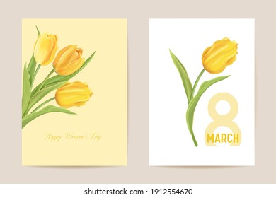 Woman day 8 March holiday card. Spring floral vector illustration. Greeting realistic tulip flowers template, luxury flower background, international women day concept flyer, modern party design
