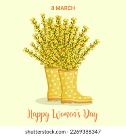 Woman day 8 March holiday card. Spring floral vector illustration. Bouquet of yellow forsythia flowers in rain boots. Template for advertising, web, social media, ads, poster and flyer.