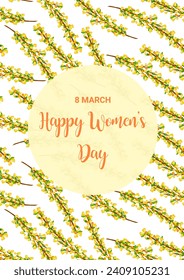 Woman day 8 March holiday card. Spring floral vector illustration. Pattern with yellow forsythia flowers. Template for advertising, web, social media, ads, poster, flyer and greeting card.