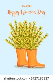 Woman day 8 March holiday card. Spring floral vector illustration. Bouquet of yellow forsythia flowers in rain boots. Template for advertising, web, social media, ads, poster and flyer.