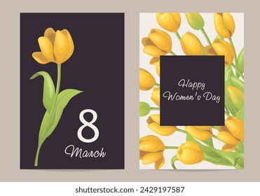 Woman day 8 March holiday card. Spring floral vector illustration. Yellow tulips. International women day concept flyer, modern party design