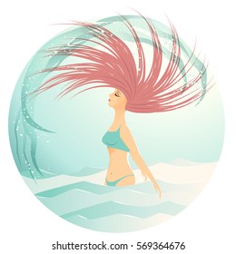 Woman in day light flipping her hair. Travel, vacation, joy, beauty, lifestyle concept. Vector illustration
