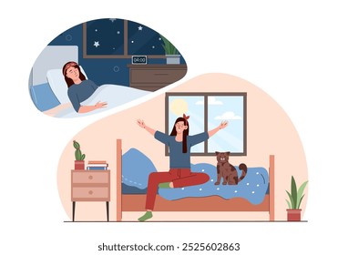 Woman in day and night. Young girl morning and evening. Person wake up in bedroom. Routine of day and night, healthy lifestyle. Flat vector illustration isolated on white background