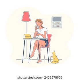 Mujer con día libre simple. Niña sentada en el interior y tomando té. Descansa del trabajo o del estudio. Propietario con el contenido del reloj del gato en la tableta. Doodle ilustración vectorial plana aislada sobre fondo blanco