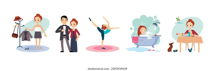 Woman Day Routine and Different Activity Vector Set