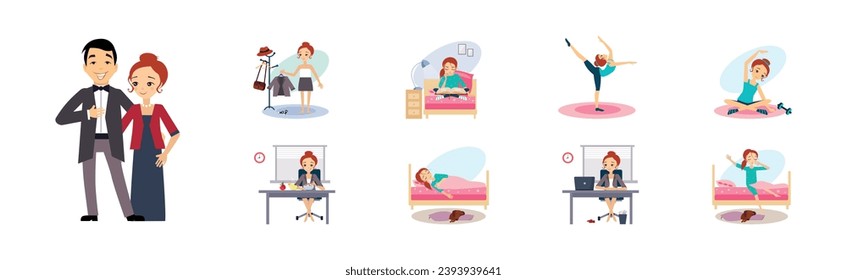 Conjunto de vectores de actividad diferente y rutinario del día de la mujer