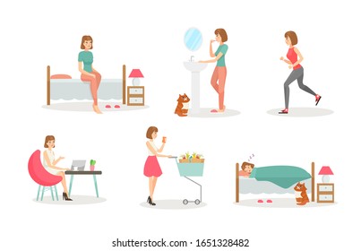 Woman day routine flat vector illustrations set. Morning procedures, daily activity and evening. Hygiene and sports, work and shopping, night rest. Young girl isolated cartoon characters collection