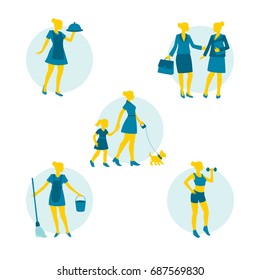 Woman day. Set of illustrations about women's responsibilities, work, hobby.