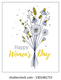 woman day template gift card. . Hand drawn bouquet of wildflowers. Light and delicate flower illustration