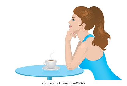 Woman daydreaming in cafe over a hot, steaming cup of coffee . Vector illustration.