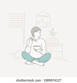 The woman is in a daze over her meal. hand drawn style vector doodle design illustrations.