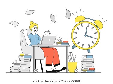Woman with deadline pressure. Worker sits at laptop near stack of documents. Overworked employee at workplace. Poor time management and inefficient workflow. Linear vector illustration