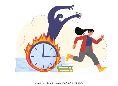 Woman with deadline. Young girl run away from burning clock. Poor time management and inefficient work process organization. Employee with countdown pressure. Flat vector illustration