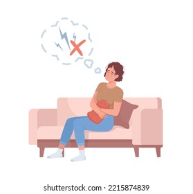 Woman dealing with painful menstruation semi flat color vector character. Editable figure. Full body person on white. PMS simple cartoon style illustration for web graphic design and animation