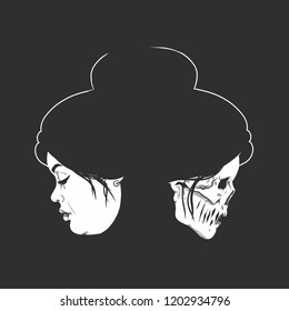 Woman and death, illustration with woman skull