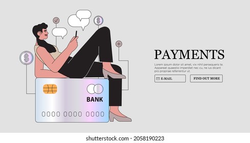 Woman with debit or credit card paying or shopping online or purchasing with smartphone. Easy internet payment system or technology. Online payment  or banking via mobile application 
 banner concpet.