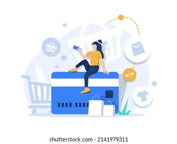 Mujer con tarjeta de débito o de crédito pagando o comprando en línea,Icono de diseño plano ilustración vectorial