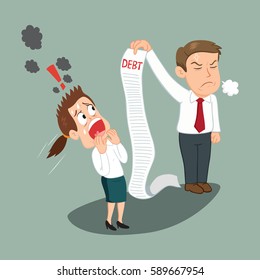 Woman debtor shocked by creditors holding bills signs payment, vector illustration cartoon