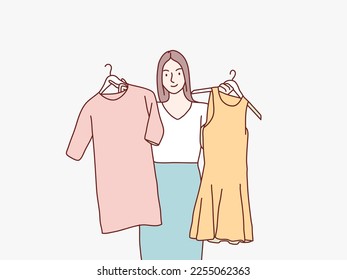 Woman decide choosing her fashion outfit after the shopping simple korean style illustration