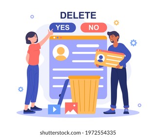 Woman decide to delete her account or profile from dating service after successful acquaintance. Relationship breakup, divorce. Flat abstract metaphor cartoon vector illustration concept design.