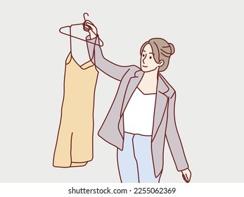 Woman decide pick her fashion outfit after the shopping simple korean style illustration