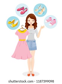 Woman Decide Selecting The Right Shoes For Her Clothing, Footwear, Fashion, Objects