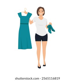 Woman Decide Selecting The Right Shoes For Her Clothing. Flat vector illustration isolated on white background