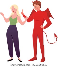 Woman decide and speak with harmful devil behind back. Wrong ethical decision. Vector flat illustration isolated on white background. The temptation scene. Evil human incitement