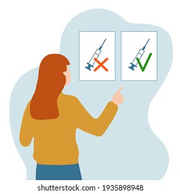 The woman decides to get vaccinated. Vector illustration in a flat style on an isolated background. Yes or no is everyone's choice. Illustrations of syringes with affirmative and negative signs. 