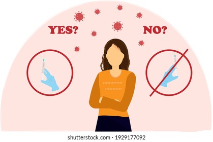 woman decides vaccinate or not,  vaccine against coronavirus,  vector flat illustration
