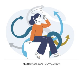 Woman with decision fatigue. Young girl makes choice and makes decision. Logical thinking and choosing career path. Depression and frustration. Linear vector illustration