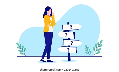 Woman decisions - Female person standing by life crossroad contemplating and wondering about choices. Flat design vector illustration with white background 