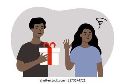 Woman declines a gift box. Sad heart broken Man being rejected. Couple Argument, misunderstanding, dating, relationship problem concept. Flat people character vector design illustration.