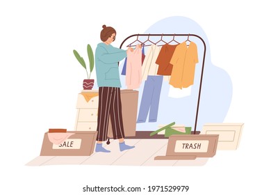 Woman decluttering and organizing wardrobe, putting clothes into Sale and Trash boxes. Person taking inventory and sorting out apparels. Colored flat vector illustration isolated on white background