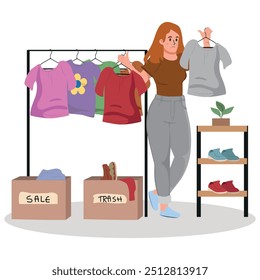 Woman decluttering and organizing wardrobe, putting clothes into Sale and Trash boxes. Person taking inventory and sorting out apparels. Colored flat vector illustration isolated on white background.