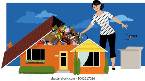 Woman decluttering, throwing away things from a house, overflown by stuff, EPS 8 vector illustration