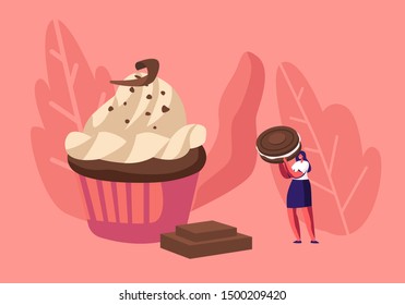 Woman Decorate Festive Cupcake with Chocolate, Cream and Cookies. Tiny Female Character Decorating Huge Pie. Bakery Giant Dessert for Birthday or Event Celebration. Cartoon Flat Vector Illustration